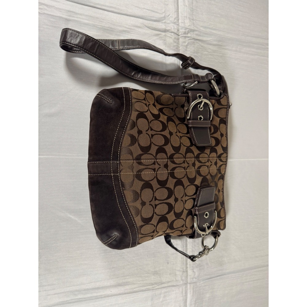 Vintage Y2K Coach Signature Jacquard Crossbody Bag Brown Suede Leather Trim
